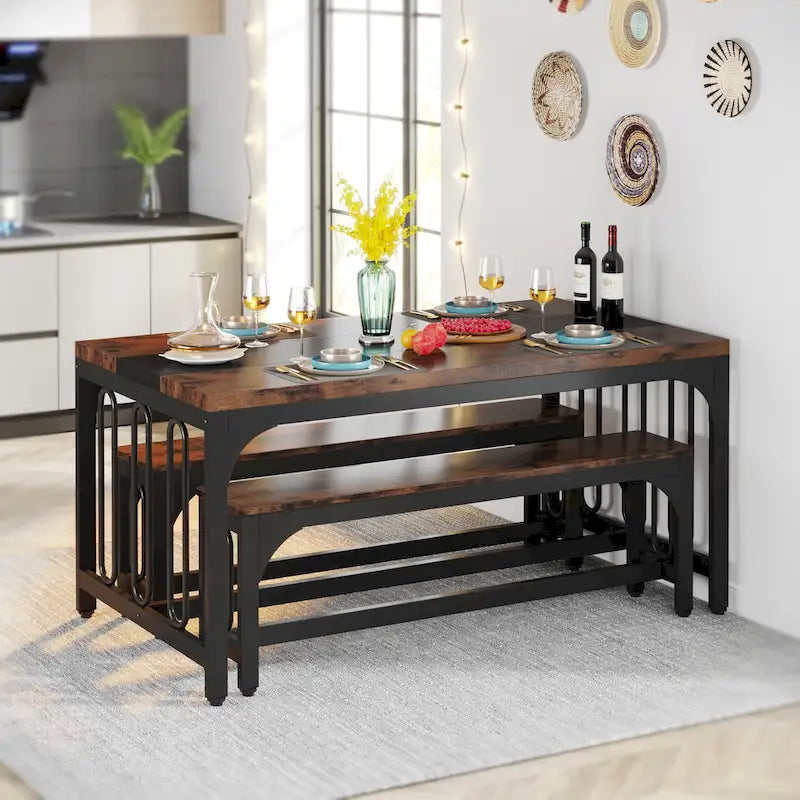 Ensemble table et chaises de salle à manger 55 pouces pour 4 à 6 personnes, table de cuisine 3 pièces style ferme avec 2 bancs, ensemble table et banc de coin repas