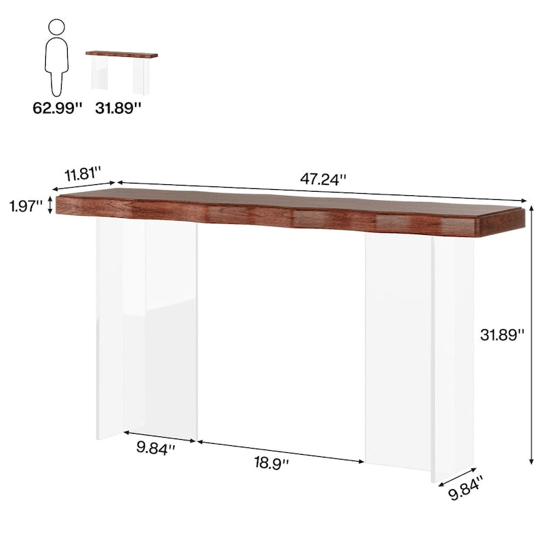 Console de 119 cm (47 pouces) avec pieds en acrylique pour entrée ou couloir, table d'appoint
