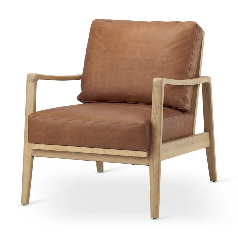 Raeleigh Cognac Brown Genuine Leather w/ Light Brown Solid Beechwood Frame Accent Chair - 27.9 W x 34 D x 34.4 H