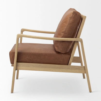 Fauteuil d'appoint Raeleigh en cuir véritable marron cognac avec structure en hêtre massif marron clair - 71 cm (L) x 86 cm (P) x 87 cm (H)