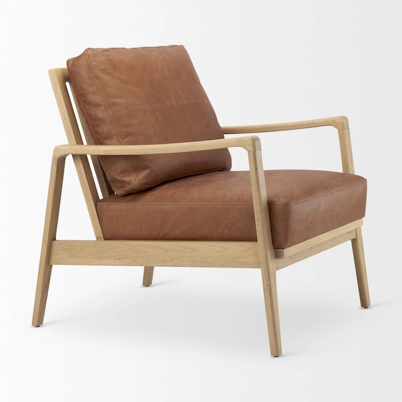 Fauteuil d'appoint Raeleigh en cuir véritable marron cognac avec structure en hêtre massif marron clair - 71 cm (L) x 86 cm (P) x 87 cm (H)