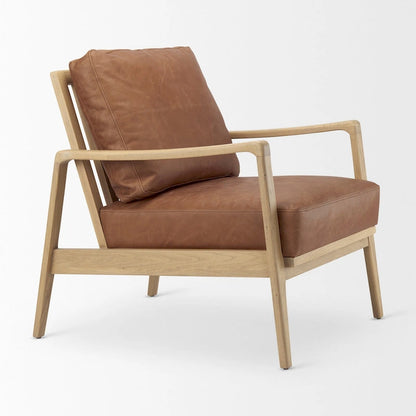 Fauteuil d'appoint Raeleigh en cuir véritable marron cognac avec structure en hêtre massif marron clair - 71 cm (L) x 86 cm (P) x 87 cm (H)