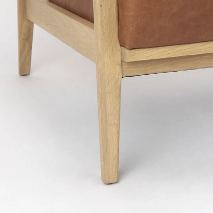 Fauteuil d'appoint Raeleigh en cuir véritable marron cognac avec structure en hêtre massif marron clair - 71 cm (L) x 86 cm (P) x 87 cm (H)