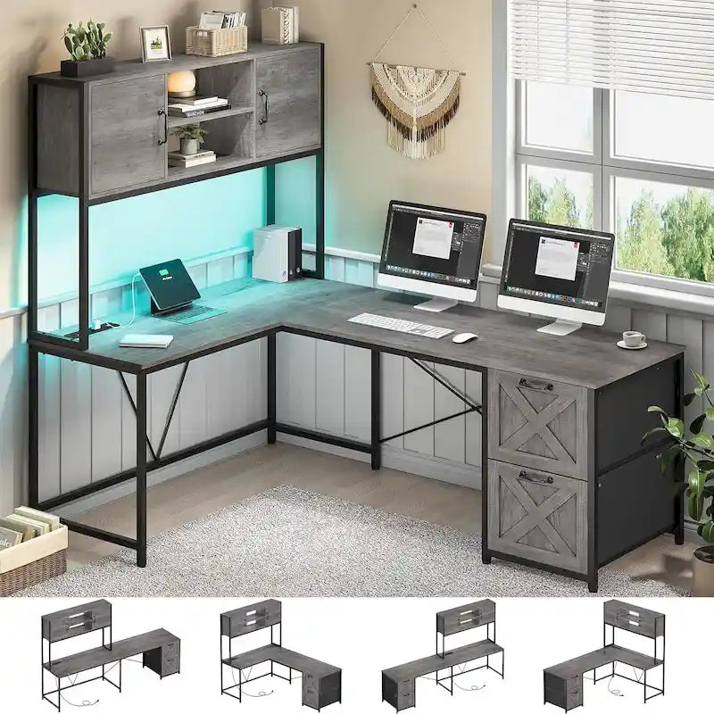 Bureau d'ordinateur en forme de L avec tiroirs, bureau d'angle pour gamer, étagères de rangement