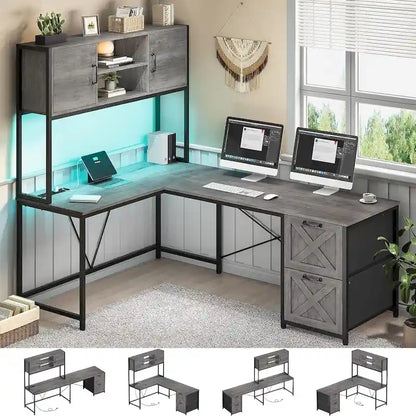 Bureau d'ordinateur en forme de L avec tiroirs, bureau d'angle pour gamer, étagères de rangement
