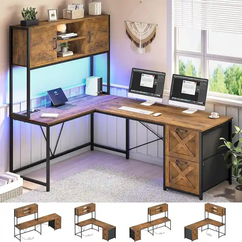 Bureau d'ordinateur en forme de L avec tiroirs, bureau d'angle pour gamer, étagères de rangement