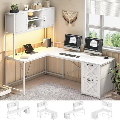 Bureau d'ordinateur en forme de L avec tiroirs, bureau d'angle pour gamer, étagères de rangement