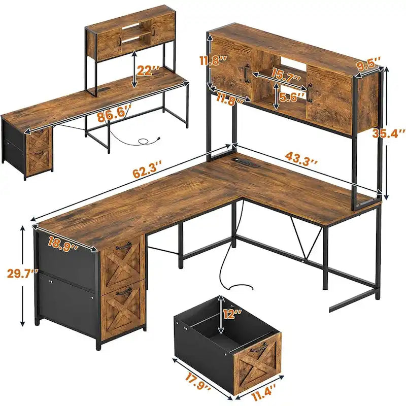 Bureau d'ordinateur en forme de L avec tiroirs, bureau d'angle pour gamer, étagères de rangement