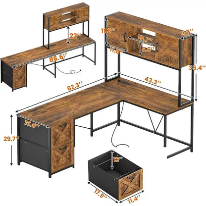 Bureau d'ordinateur en forme de L avec tiroirs, bureau d'angle pour gamer, étagères de rangement