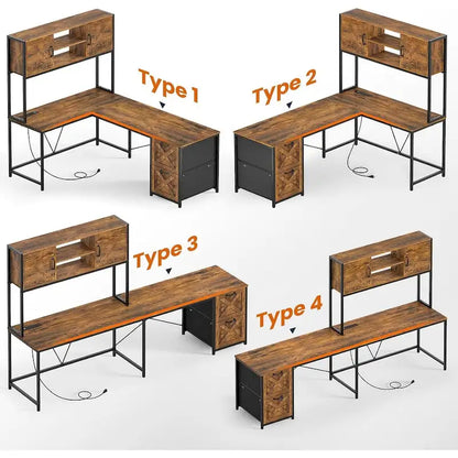 Bureau d'ordinateur en forme de L avec tiroirs, bureau d'angle pour gamer, étagères de rangement