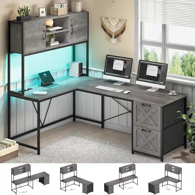 Bureau d'ordinateur en forme de L avec tiroirs, bureau d'angle pour gamer, étagères de rangement