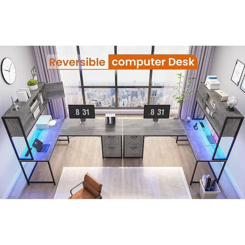 Bureau d'ordinateur en forme de L avec tiroirs, bureau d'angle pour gamer, étagères de rangement