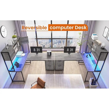 Bureau d'ordinateur en forme de L avec tiroirs, bureau d'angle pour gamer, étagères de rangement