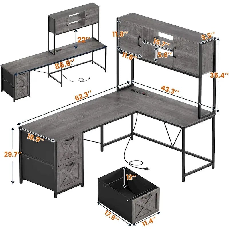 Bureau d'ordinateur en forme de L avec tiroirs, bureau d'angle pour gamer, étagères de rangement