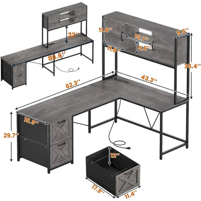 Bureau d'ordinateur en forme de L avec tiroirs, bureau d'angle pour gamer, étagères de rangement