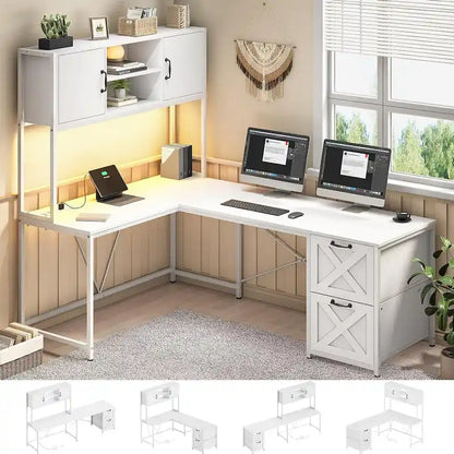 Bureau d'ordinateur en forme de L avec tiroirs, bureau d'angle pour gamer, étagères de rangement