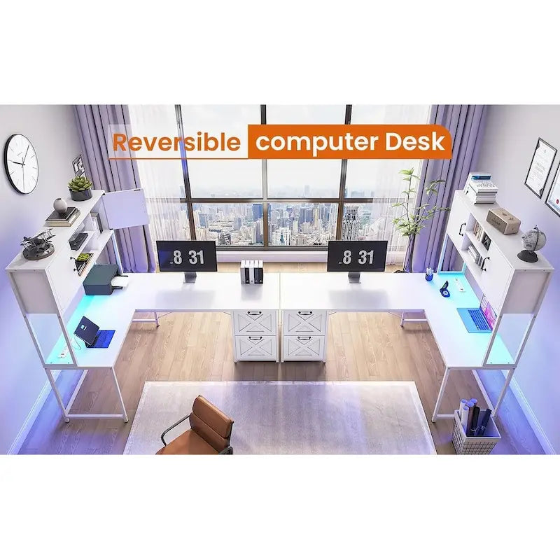Bureau d'ordinateur en forme de L avec tiroirs, bureau d'angle pour gamer, étagères de rangement