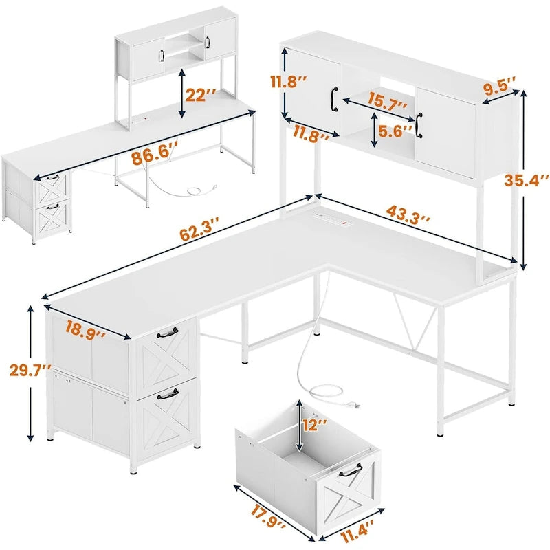 Bureau d'ordinateur en forme de L avec tiroirs, bureau d'angle pour gamer, étagères de rangement
