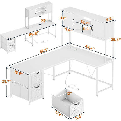 Bureau d'ordinateur en forme de L avec tiroirs, bureau d'angle pour gamer, étagères de rangement