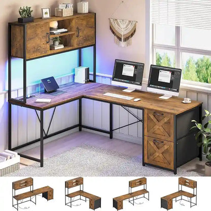 Bureau d'ordinateur en forme de L avec tiroirs, bureau d'angle pour gamer, étagères de rangement