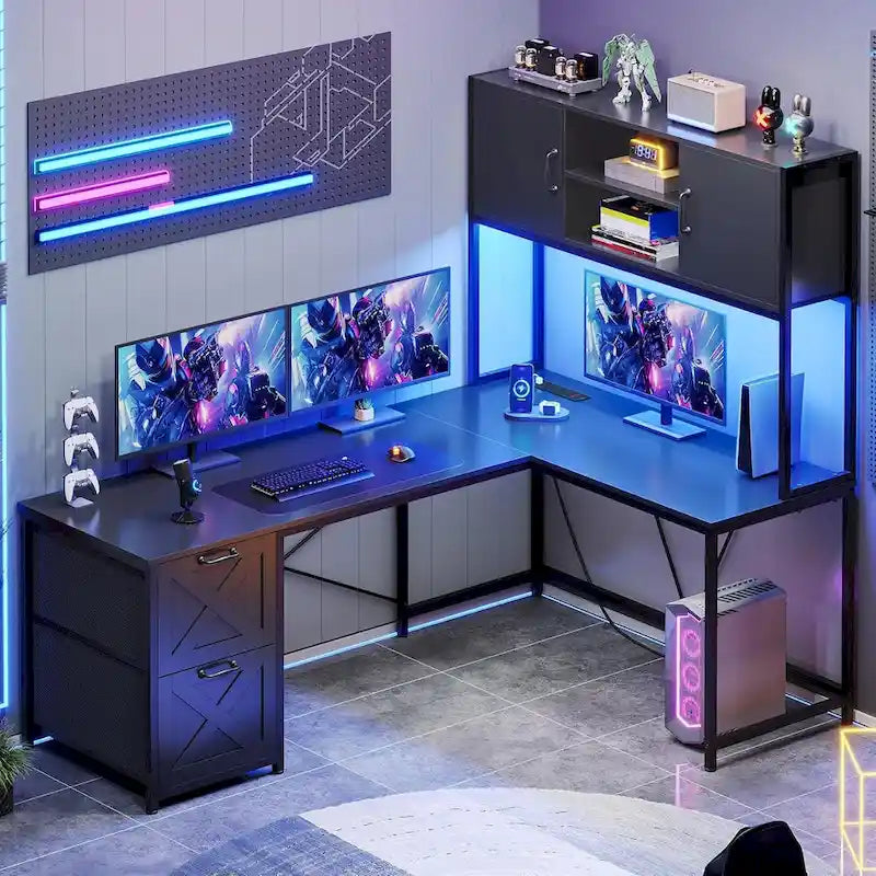 Bureau d'ordinateur en forme de L avec tiroirs, bureau d'angle pour gamer, étagères de rangement