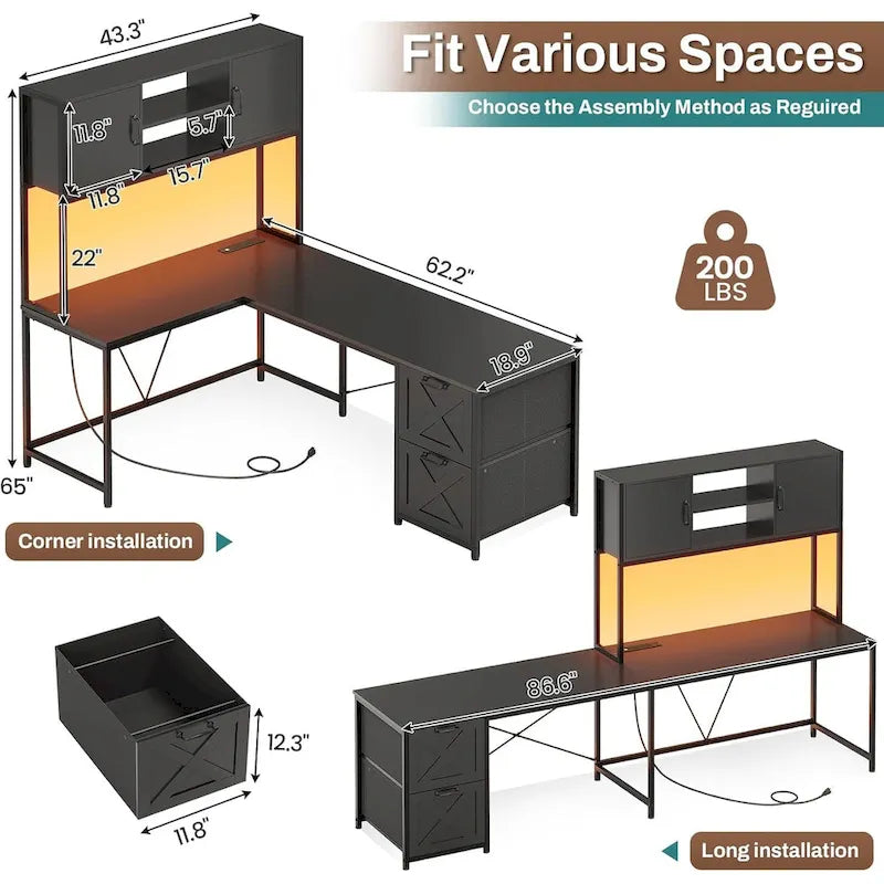 Bureau d'ordinateur en forme de L avec tiroirs, bureau d'angle pour gamer, étagères de rangement
