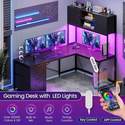 Bureau d'ordinateur en forme de L avec tiroirs, bureau d'angle pour gamer, étagères de rangement