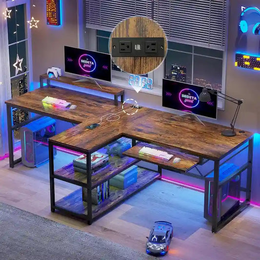 Bureau double pour deux personnes, bureau gaming LED, 2 étagères de rangement