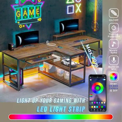Bureau double pour deux personnes, bureau gaming LED, 2 étagères de rangement