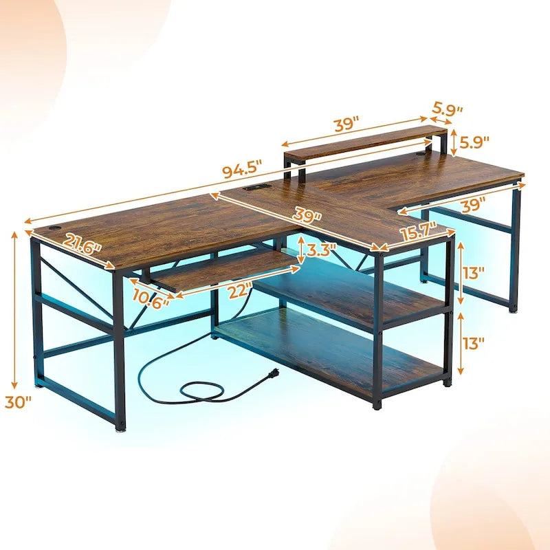 Bureau double pour deux personnes, bureau gaming LED, 2 étagères de rangement