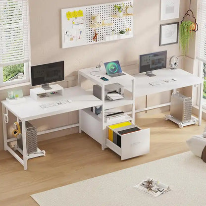 Bureau double pour deux personnes, bureau gaming LED, 2 étagères de rangement