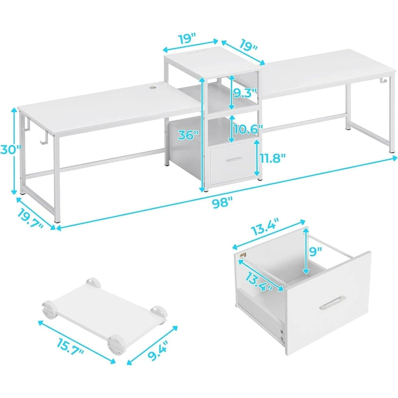 Bureau double pour deux personnes, bureau gaming LED, 2 étagères de rangement