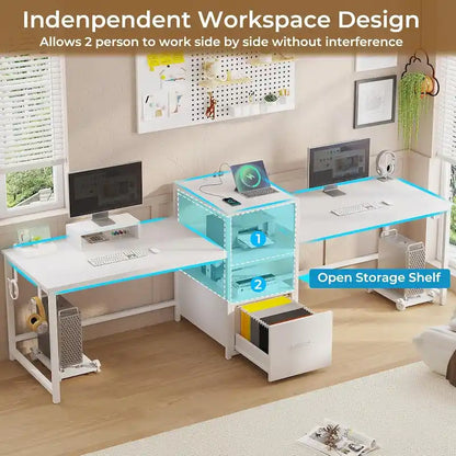 Bureau double pour deux personnes, bureau gaming LED, 2 étagères de rangement
