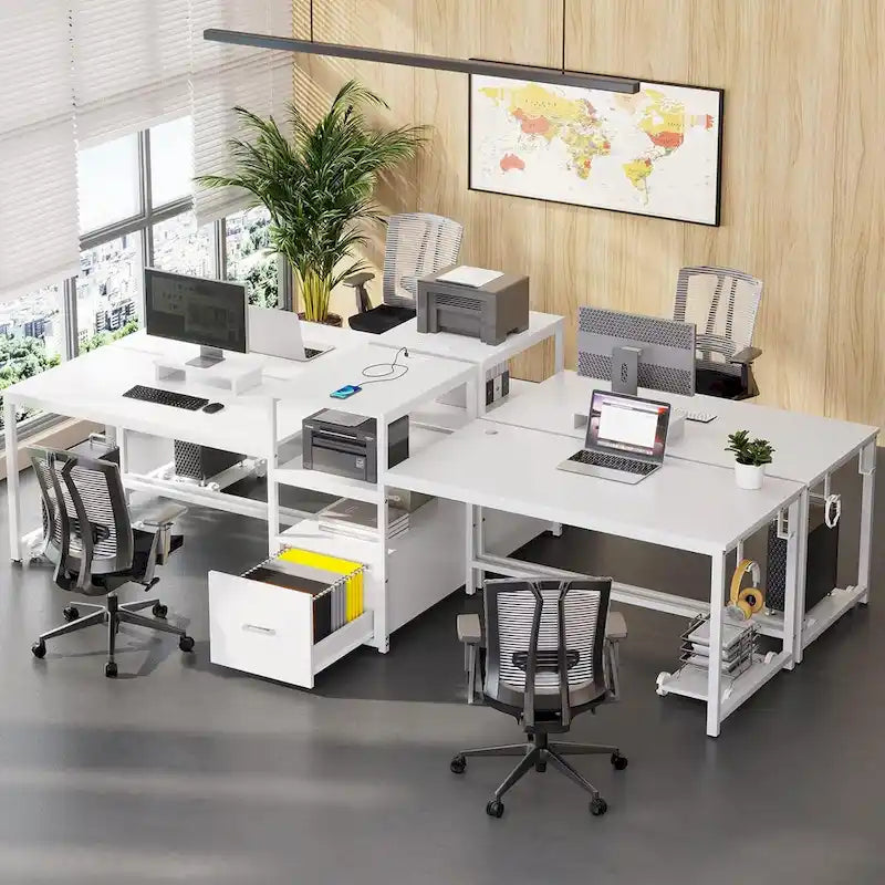 Bureau double pour deux personnes, bureau gaming LED, 2 étagères de rangement