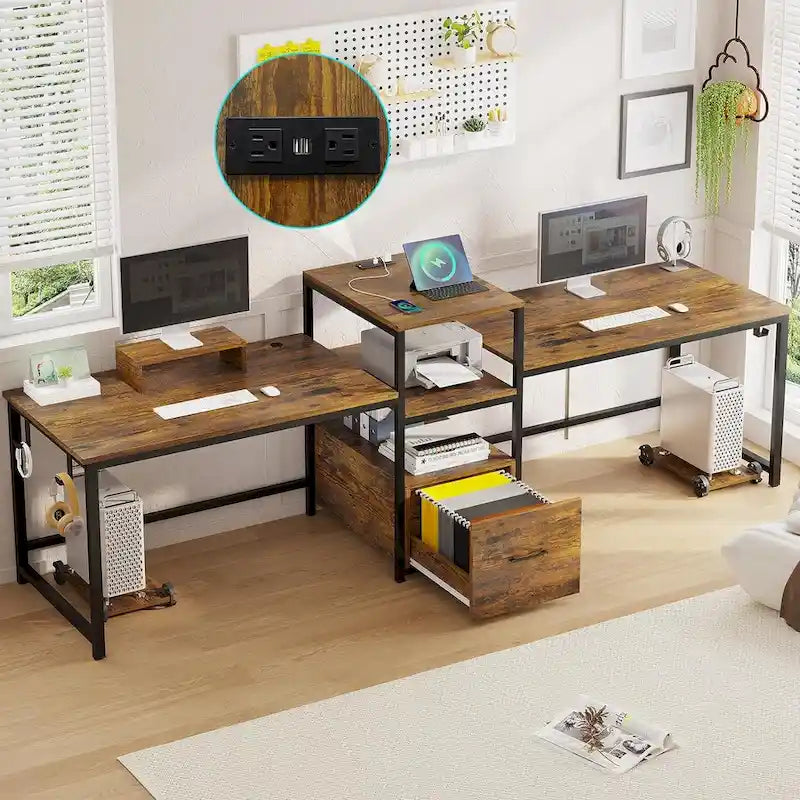 Bureau double pour deux personnes, bureau gaming LED, 2 étagères de rangement