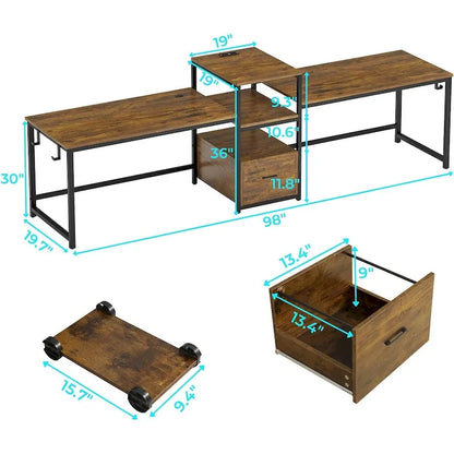 Bureau double pour deux personnes, bureau gaming LED, 2 étagères de rangement