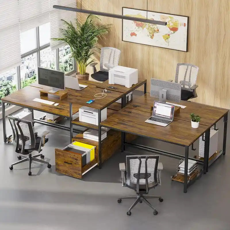 Bureau double pour deux personnes, bureau gaming LED, 2 étagères de rangement