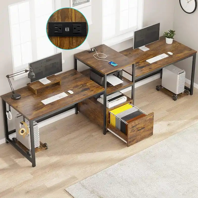 Bureau double pour deux personnes, bureau gaming LED, 2 étagères de rangement
