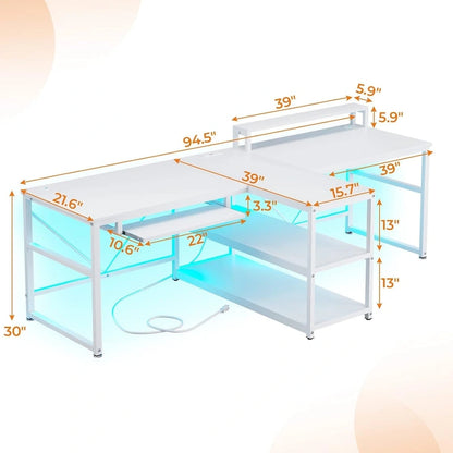 Bureau double pour deux personnes, bureau gaming LED, 2 étagères de rangement
