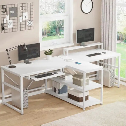 Bureau double pour deux personnes, bureau gaming LED, 2 étagères de rangement