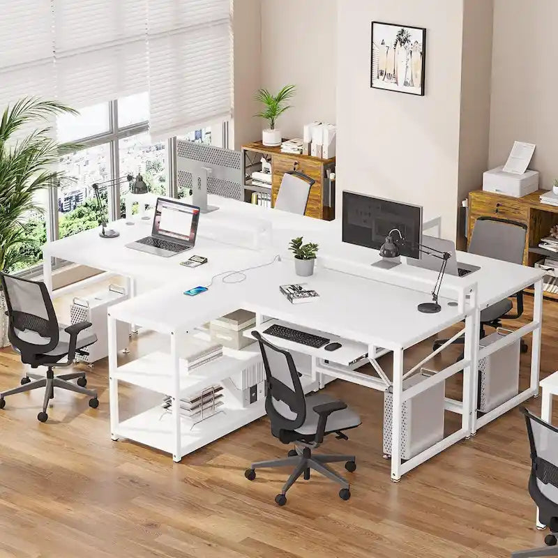 Bureau double pour deux personnes, bureau gaming LED, 2 étagères de rangement