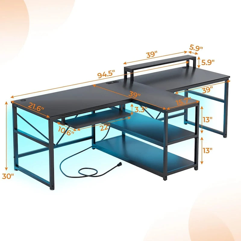 Bureau double pour deux personnes, bureau gaming LED, 2 étagères de rangement