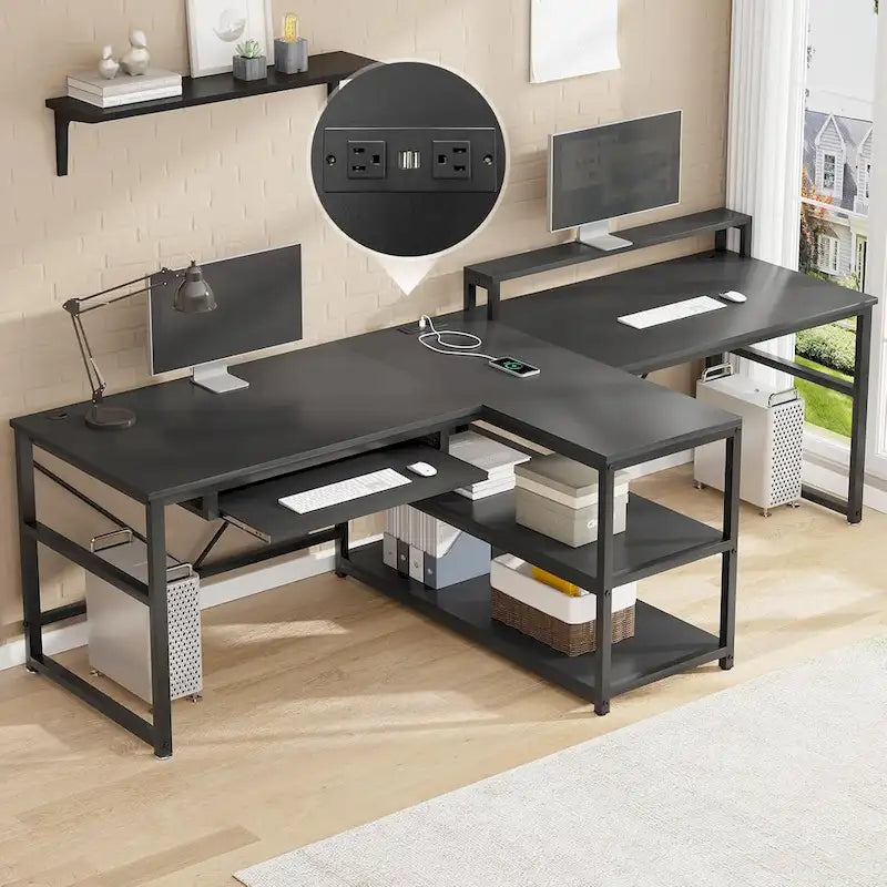 Bureau double pour deux personnes, bureau gaming LED, 2 étagères de rangement