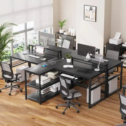 Bureau double pour deux personnes, bureau gaming LED, 2 étagères de rangement