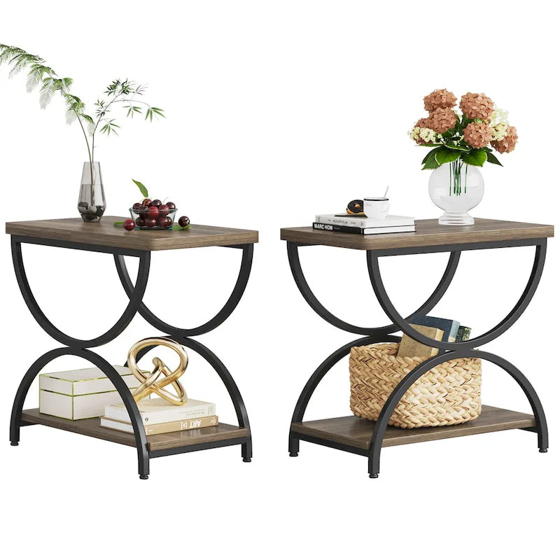 Table d'appoint à 2 niveaux en bois et métal pour salon (lot de 2) - 2 pièces
