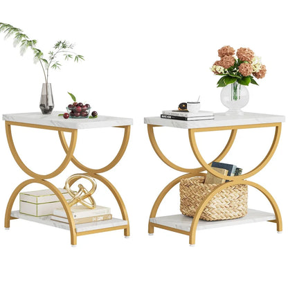 Table d'appoint à 2 niveaux en bois et métal pour salon (lot de 2) - 2 pièces