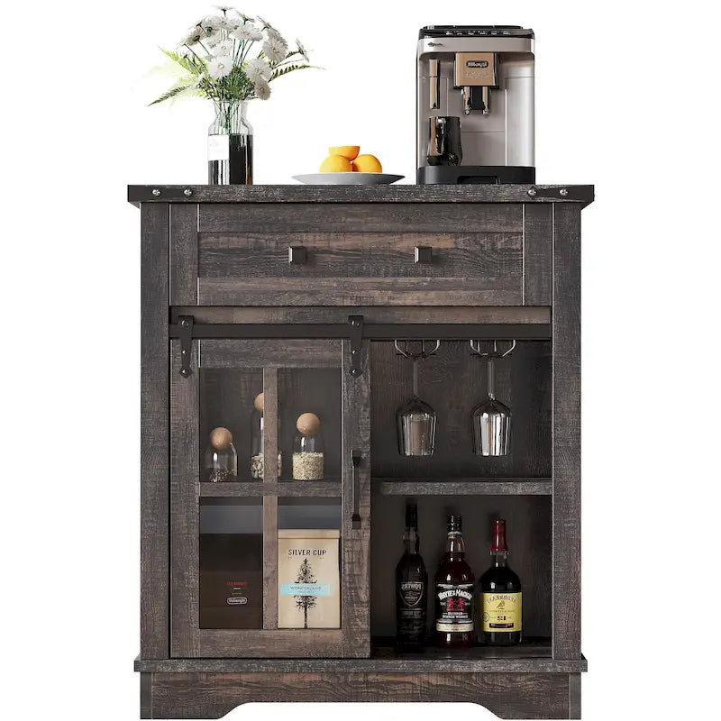 Meuble bar à café Moasis Farmhouse avec porte coulissante de style grange et porte-verres à vin