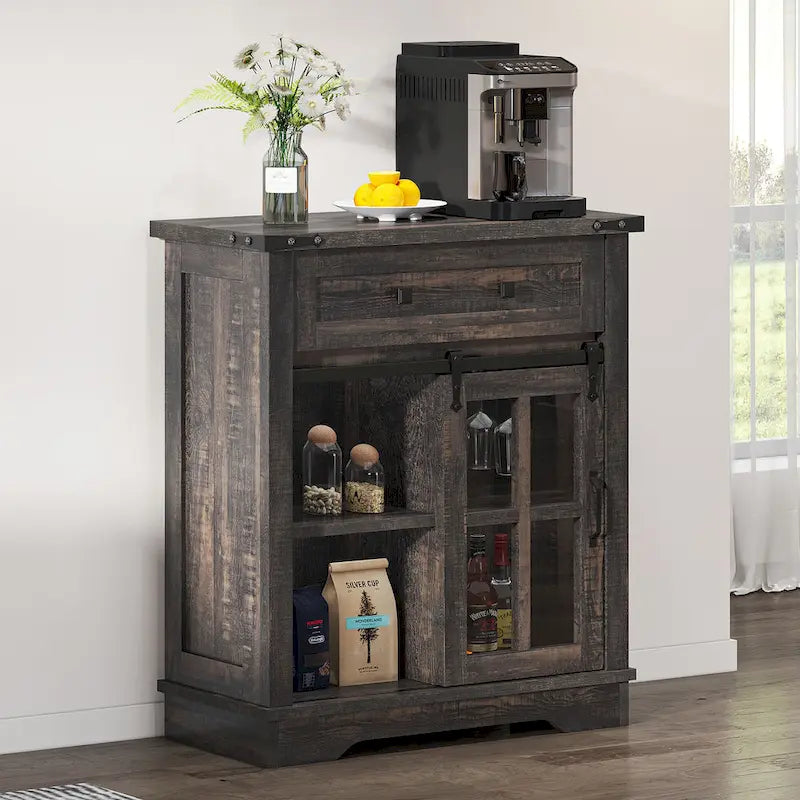 Meuble bar à café Moasis Farmhouse avec porte coulissante de style grange et porte-verres à vin