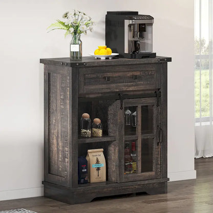 Meuble bar à café Moasis Farmhouse avec porte coulissante de style grange et porte-verres à vin