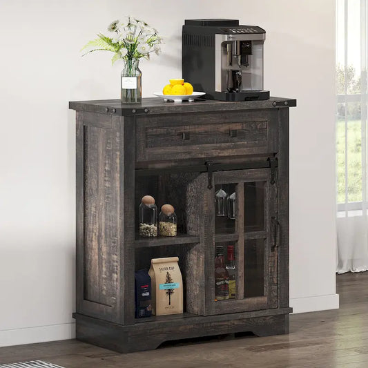 Meuble bar à café Moasis Farmhouse avec porte coulissante de style grange et porte-verres à vin